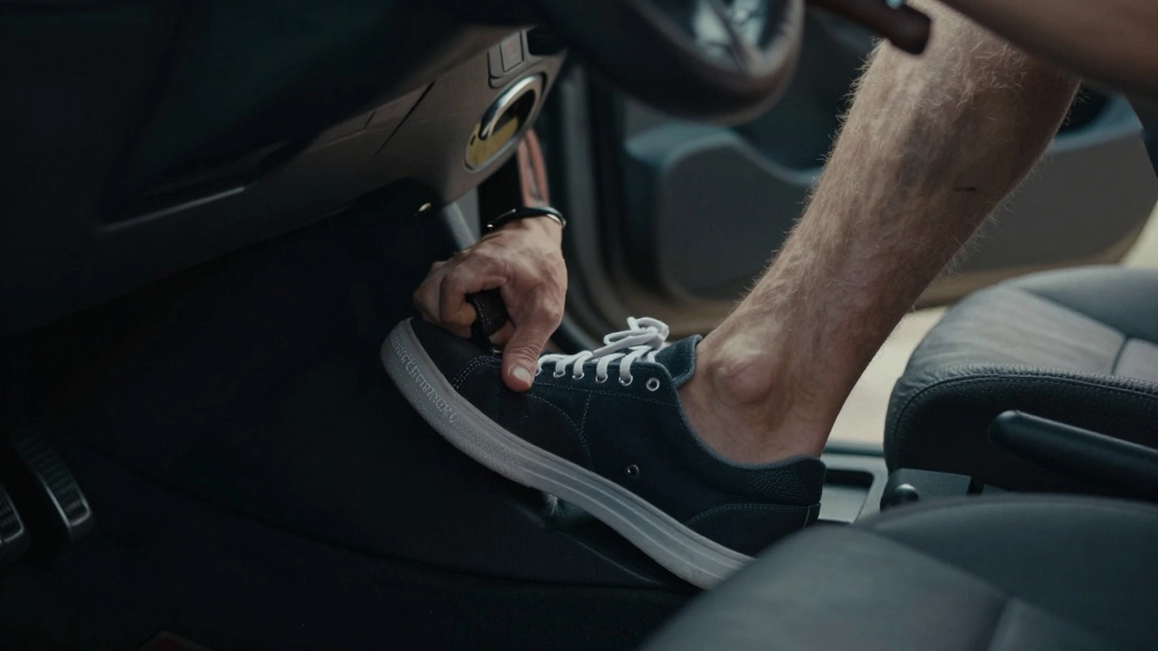Close-up of a driver's feet operating the clutch and accelerator in a manual car.