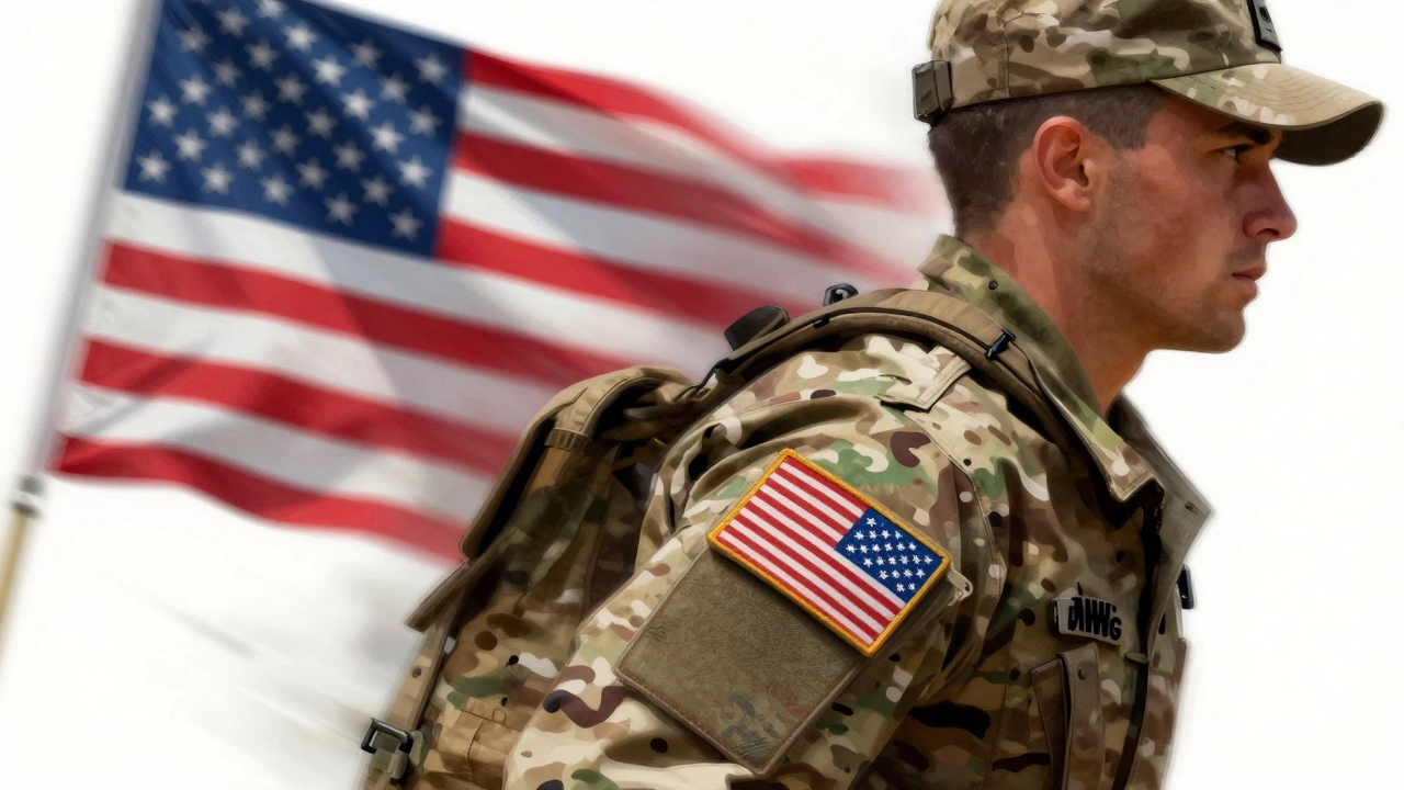 Military uniform sleeve showing a reversed American flag patch to symbolize forward motion.