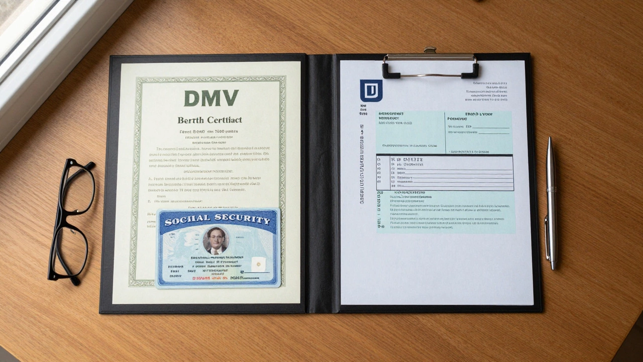 Organized folder containing birth certificate and residency documents on a desk