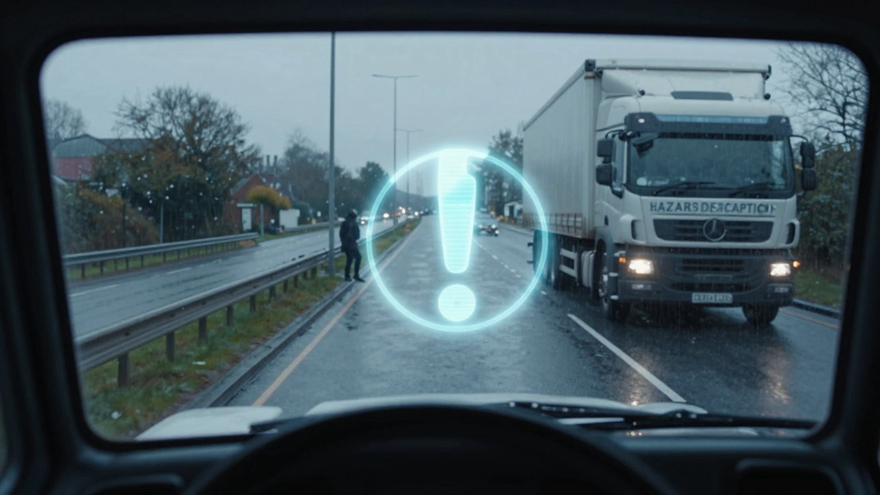 POV from a truck cab showing a pedestrian hazard on a rainy road with a digital target