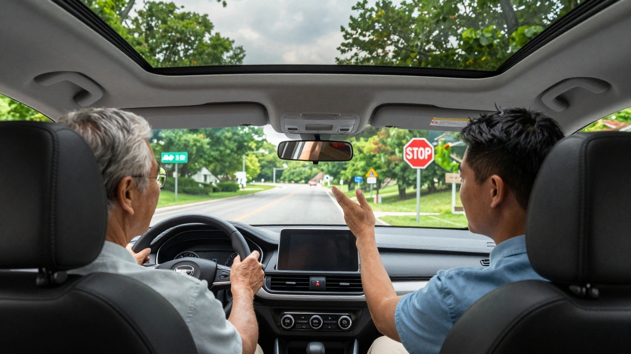 Senior driver practicing road skills with an instructor in a suburban setting