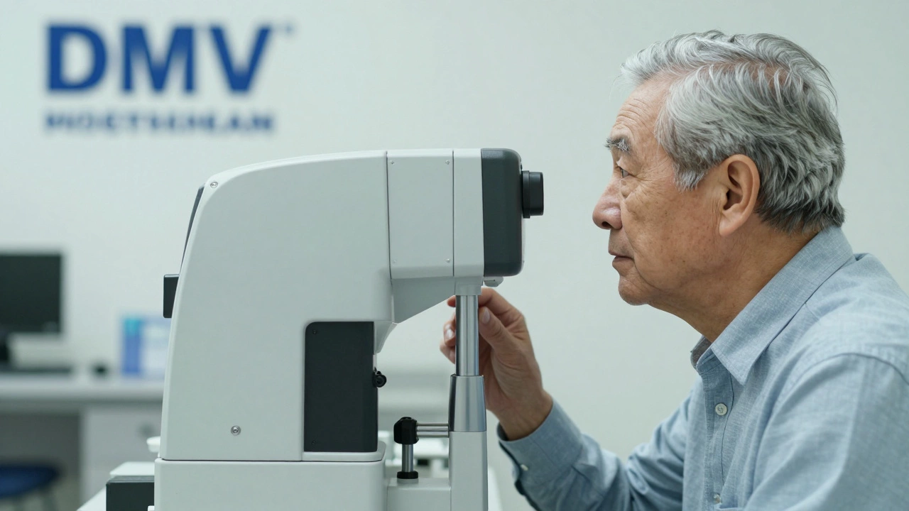 Senior driver undergoing a professional vision screening test at the DMV