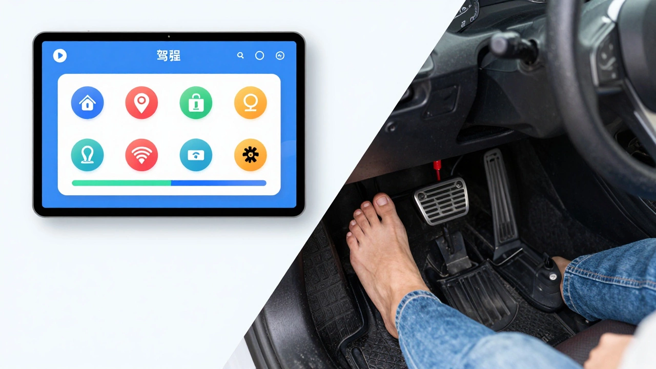 Split view of an online driver education course and a car's dual-brake pedal system