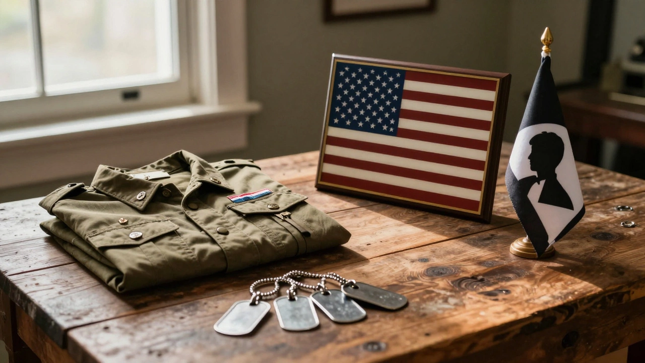 Still life of a reversed American flag and POW/MIA flag among military memorabilia on a wooden table.
