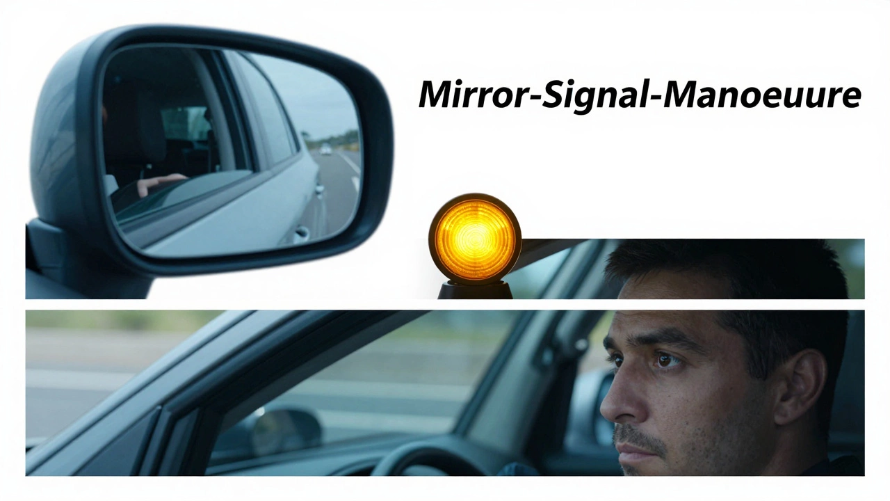 Three-part sequence showing a rearview mirror, a turn signal, and a focused driver