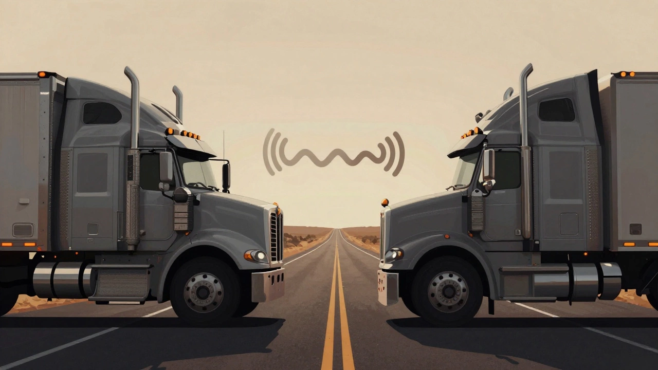 Abstract art of two trucks connected by radio signal waves