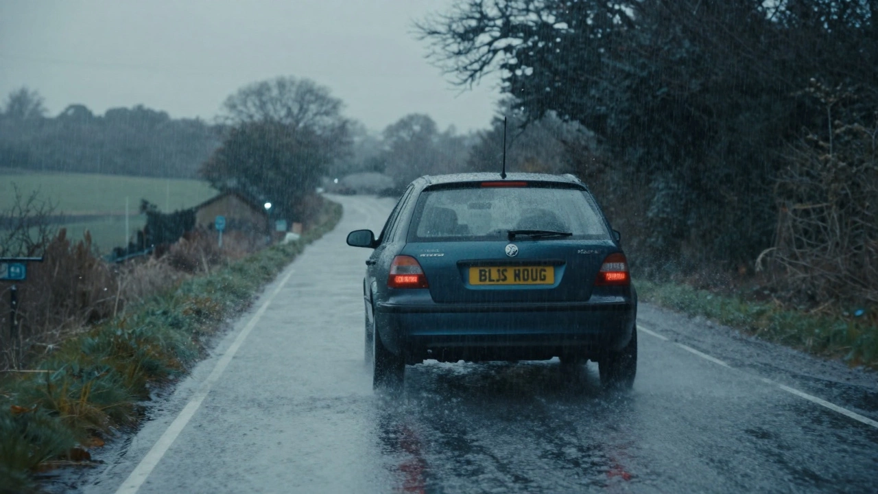 Car driving on a wet rainy road illustrating increased stopping distance needs