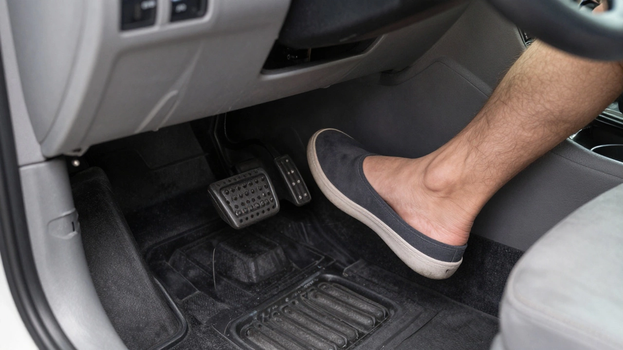 Close up of feet operating clutch and brake pedals in manual car