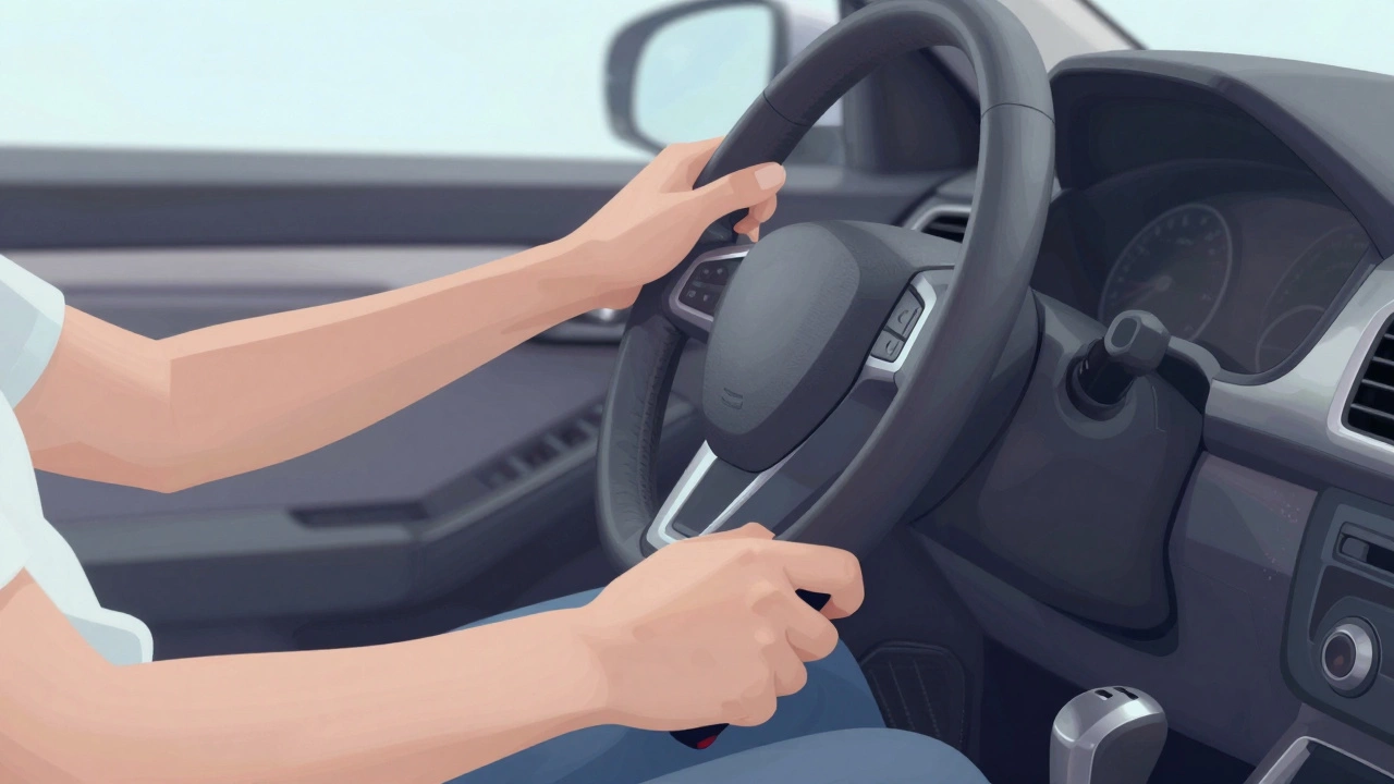 Close-up of hands controlling car gears and steering