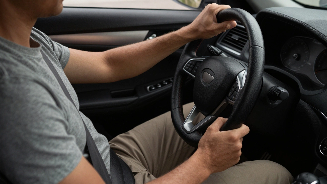 Close-up of hands on steering wheel at 9 and 3 position with seatbelt fastened.