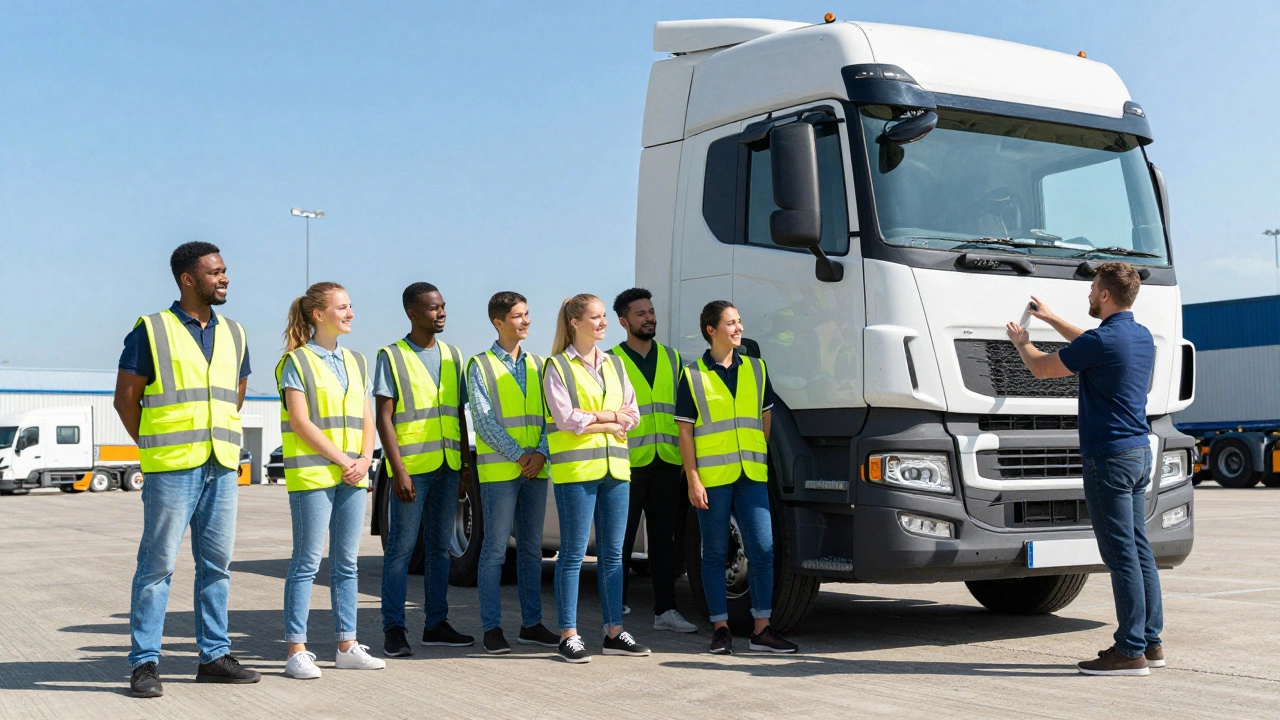 Confident HGV trainees learning from instructor outdoors