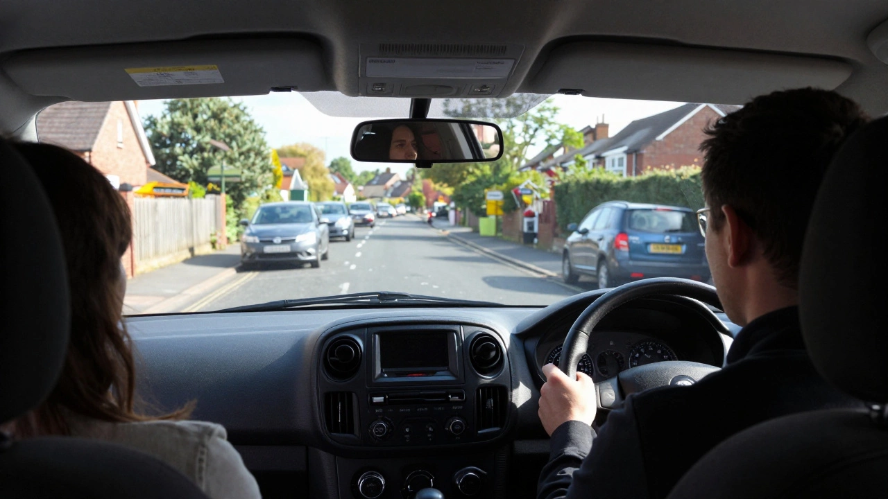 Driver's view during a UK driving test approaching a curb