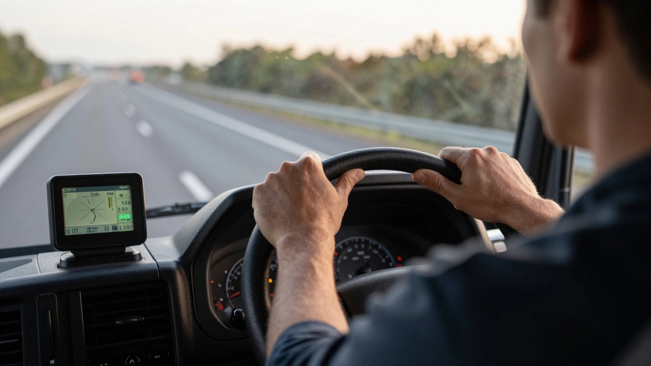 Driver hands on steering wheel with tachograph in view