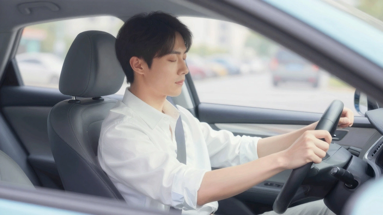 Driver taking a moment for mental preparation and focus before driving.