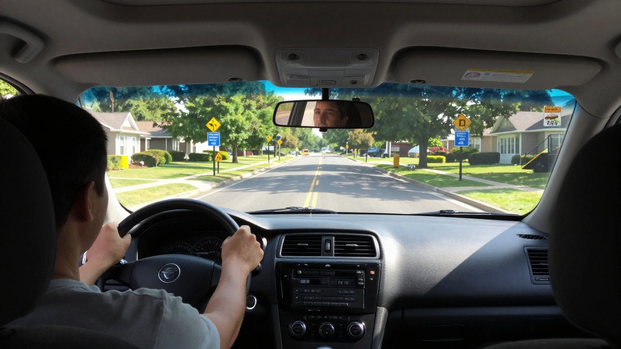 Driver taking a road test with an examiner in the passenger seat