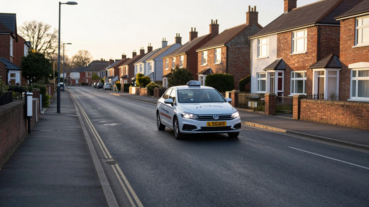 Driving school car with L-plates moving slowly on empty street