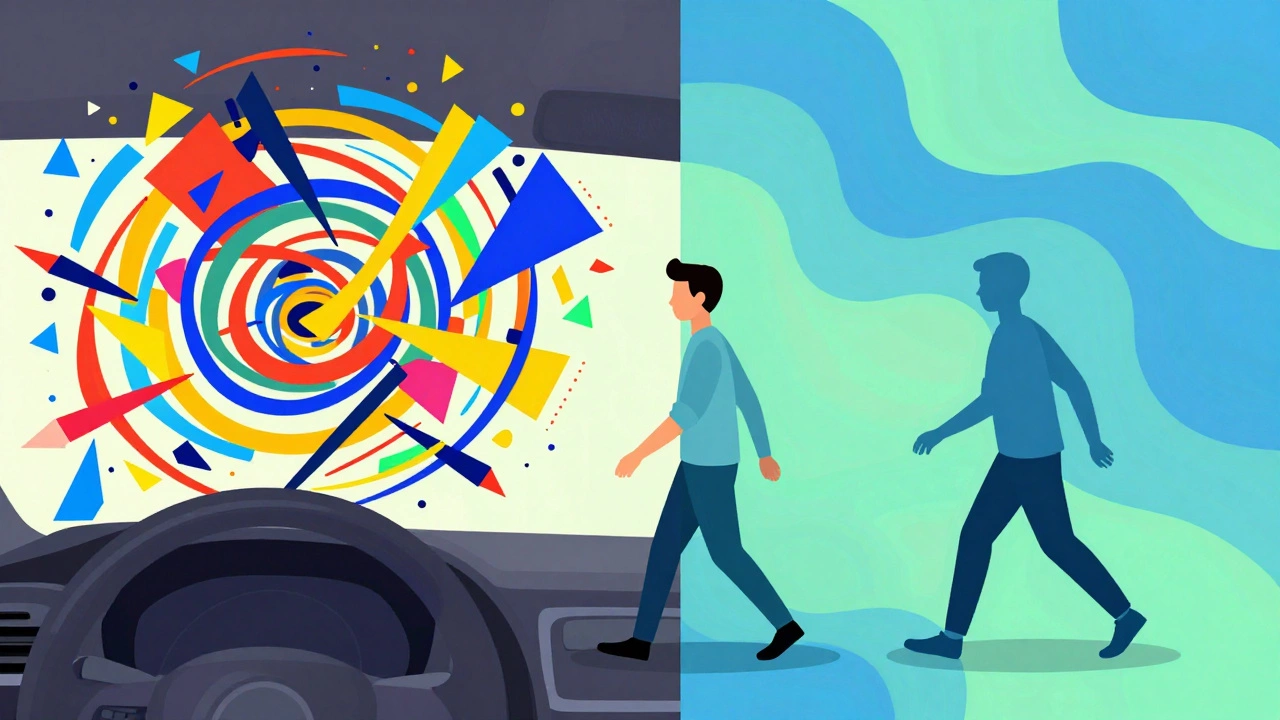 Illustration contrasting chaotic stress with calm regulation via walking break.