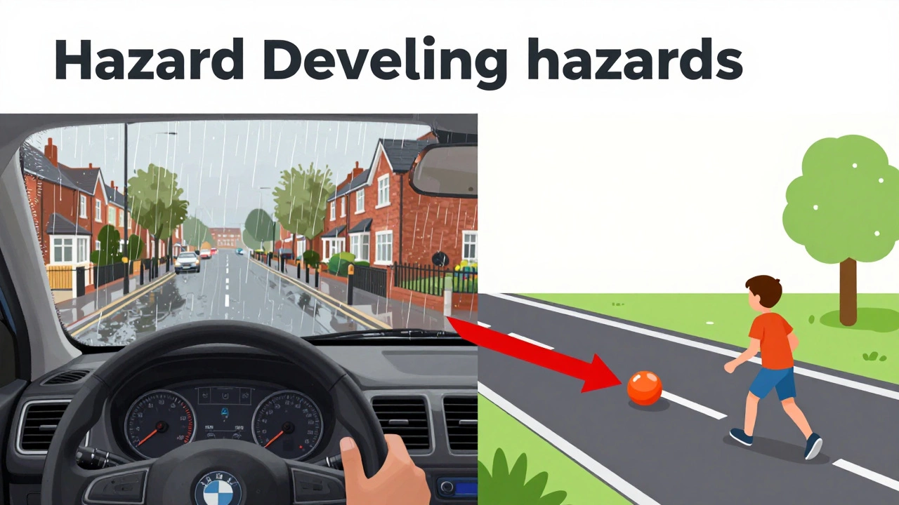 Illustration showing a developing hazard on a rainy road for perception testing.