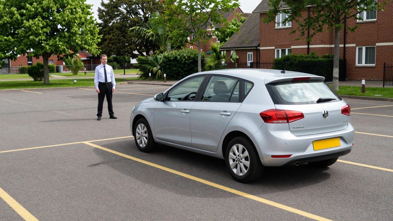 Learner driver reversing into a parking bay