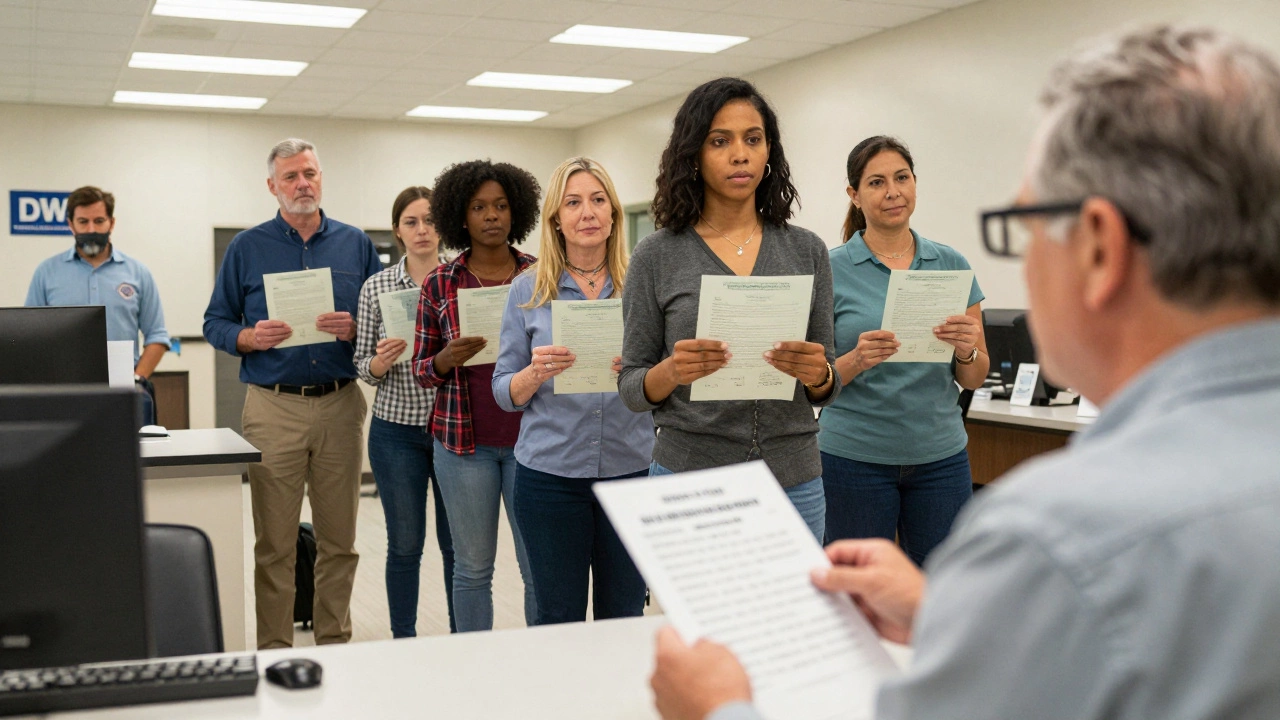 People waiting in line at Virginia DMV with documents and vision test