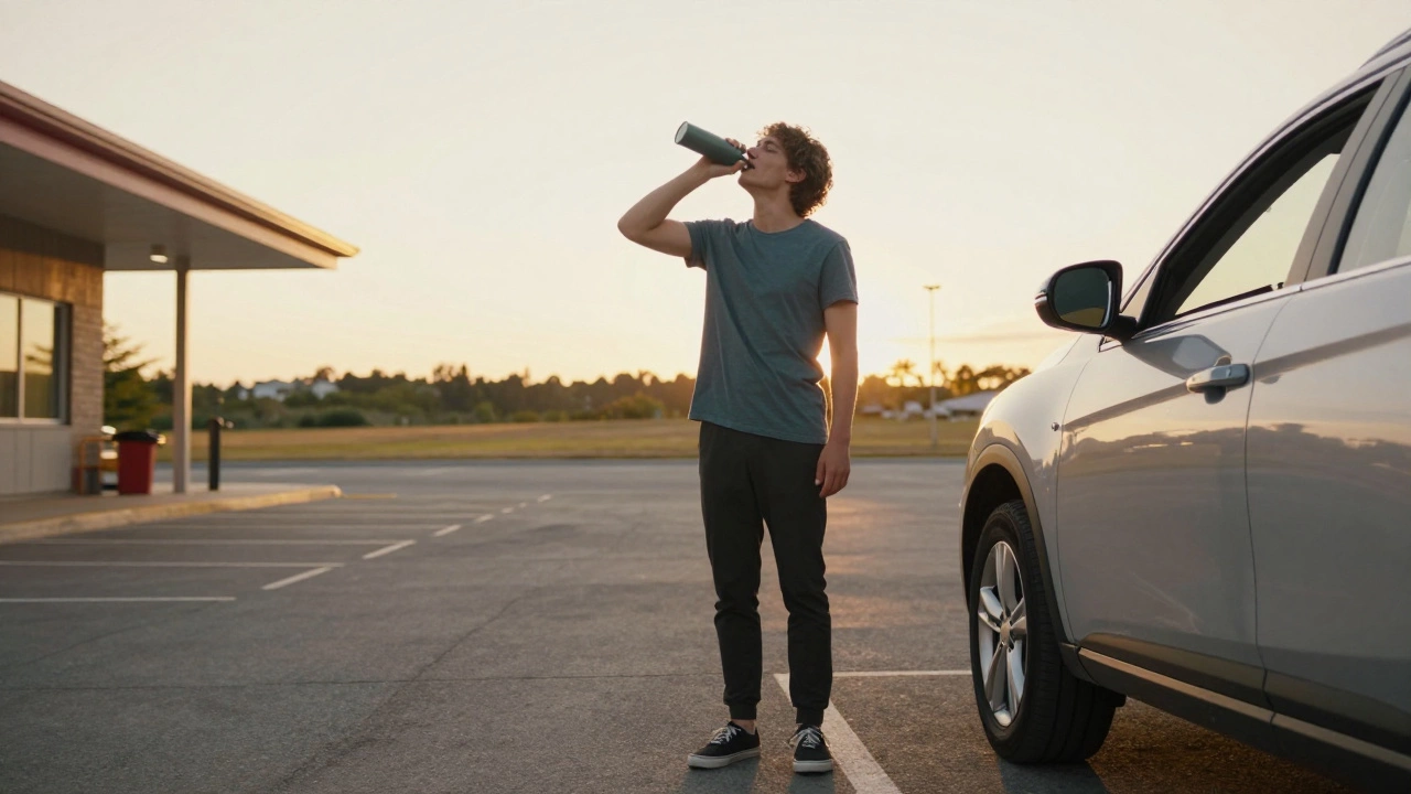 Person stepping out of car into open space for a calming walk to reset nerves.