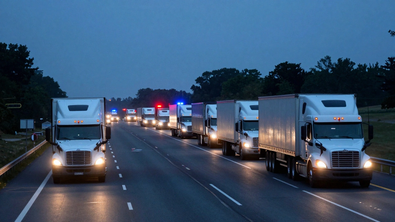 Semi-trucks on highway at dusk with distant police lights