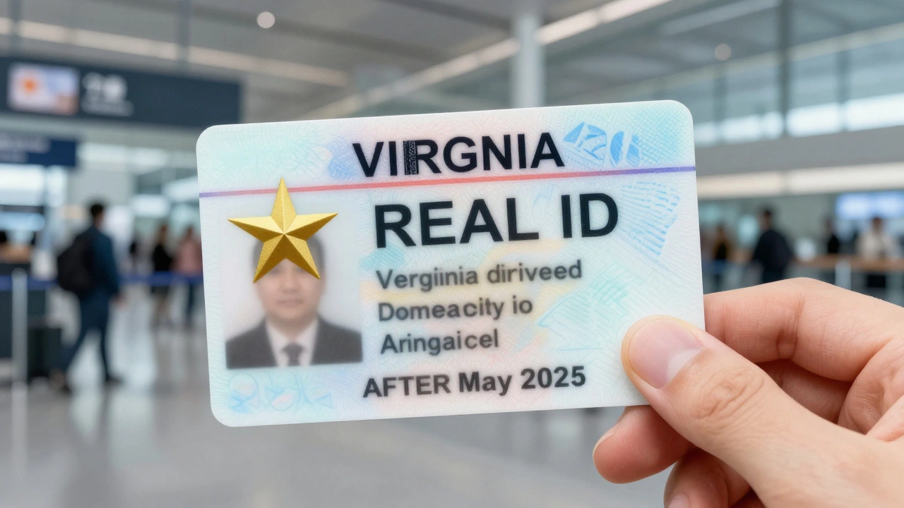 Virginia REAL ID license with gold star held near airport terminal