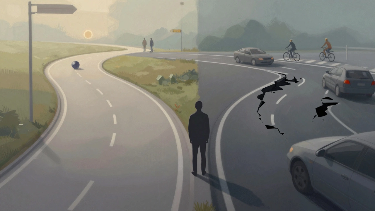 Abstract illustration of safe vs dangerous driving choices and hazard perception