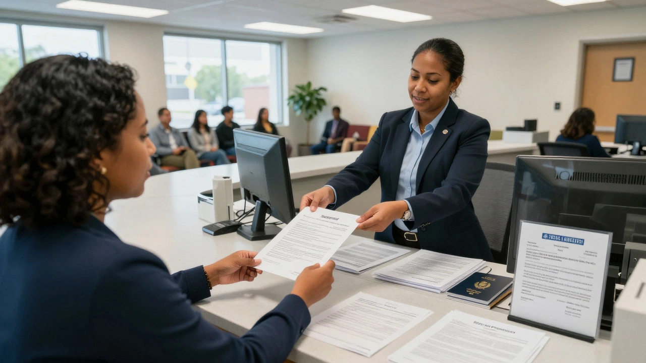 Applicant submitting documents at Virginia DMV counter