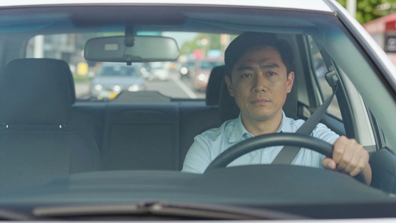 Calm DMV examiner in passenger seat, focusing on safety not perfection