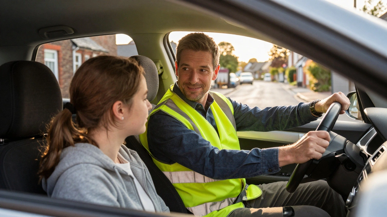 Calm driving instructor reassuring a nervous student in a parked car on a sunny street