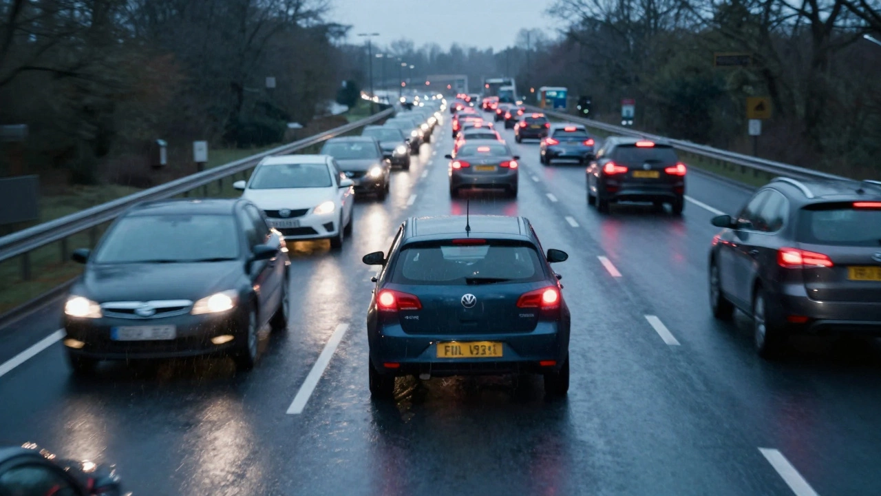 Car merging onto fast-moving highway with blurred traffic