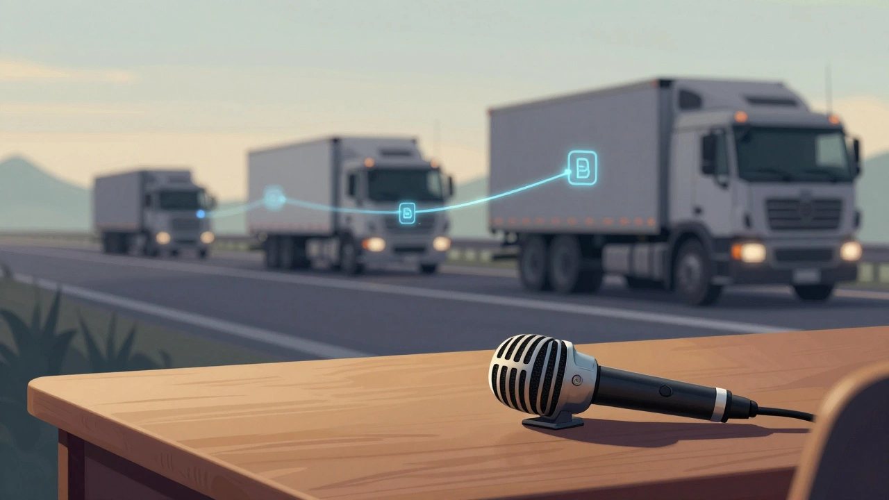 Conceptual art blending old CB microphone with modern digital truck connectivity