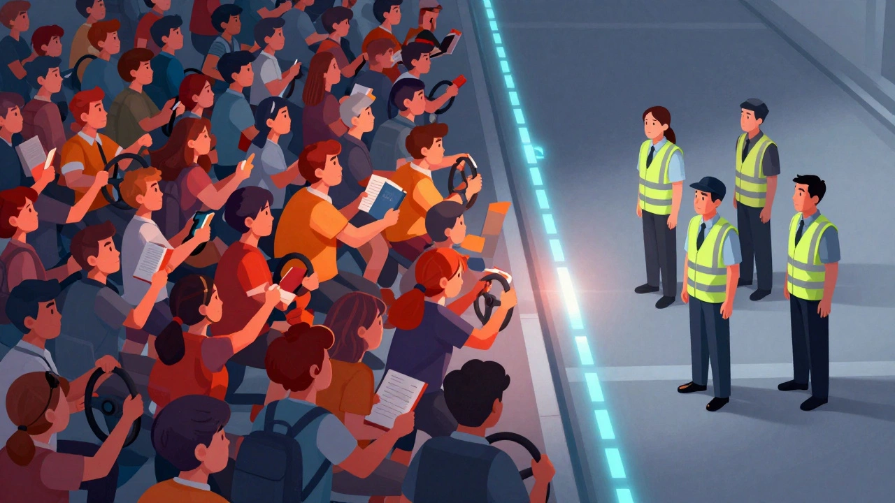 Conceptual art showing a large crowd of drivers facing a few examiners, illustrating supply shortage
