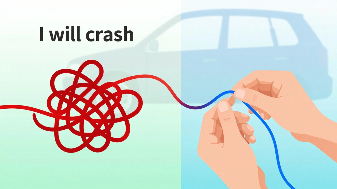 Conceptual art showing tangled red thoughts being untangled into calm blue lines