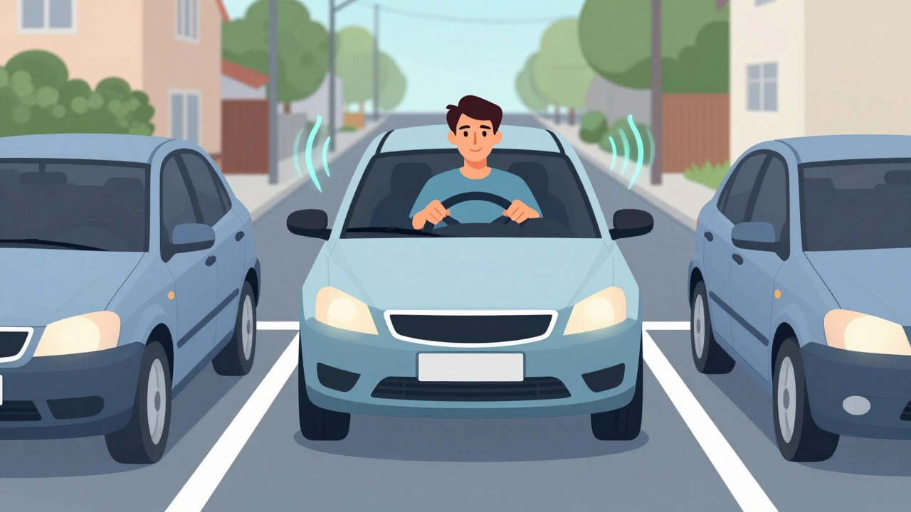 Confident driver parallel parking with calm focus