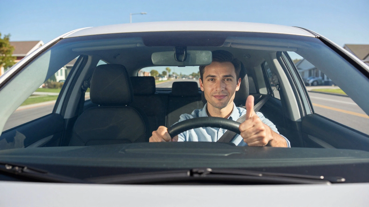Confident student passing driving test with instructor approval