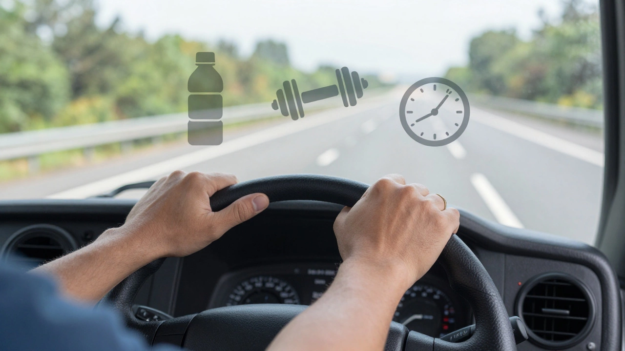 Driver hands on steering wheel with health and balance reflections