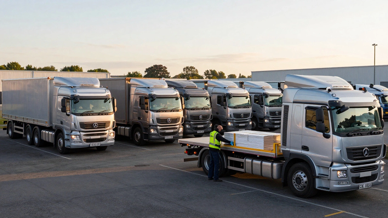 Driver securing load on truck at busy UK logistics depot