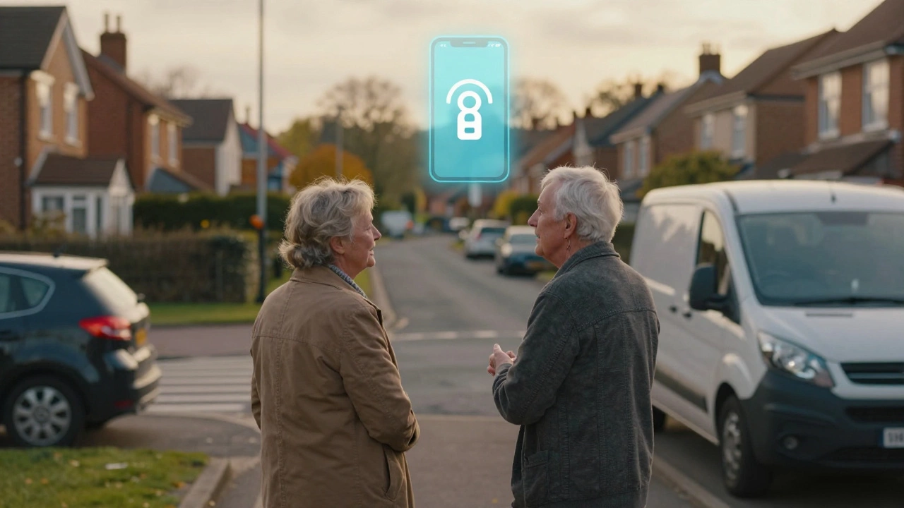 Elderly couple considering transport alternatives near a crossroads