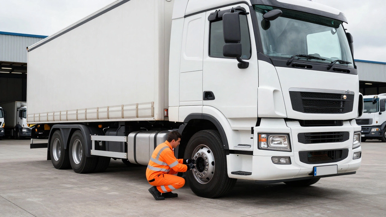 HGV driver in high-vis gear inspecting tires of a large truck in a depot