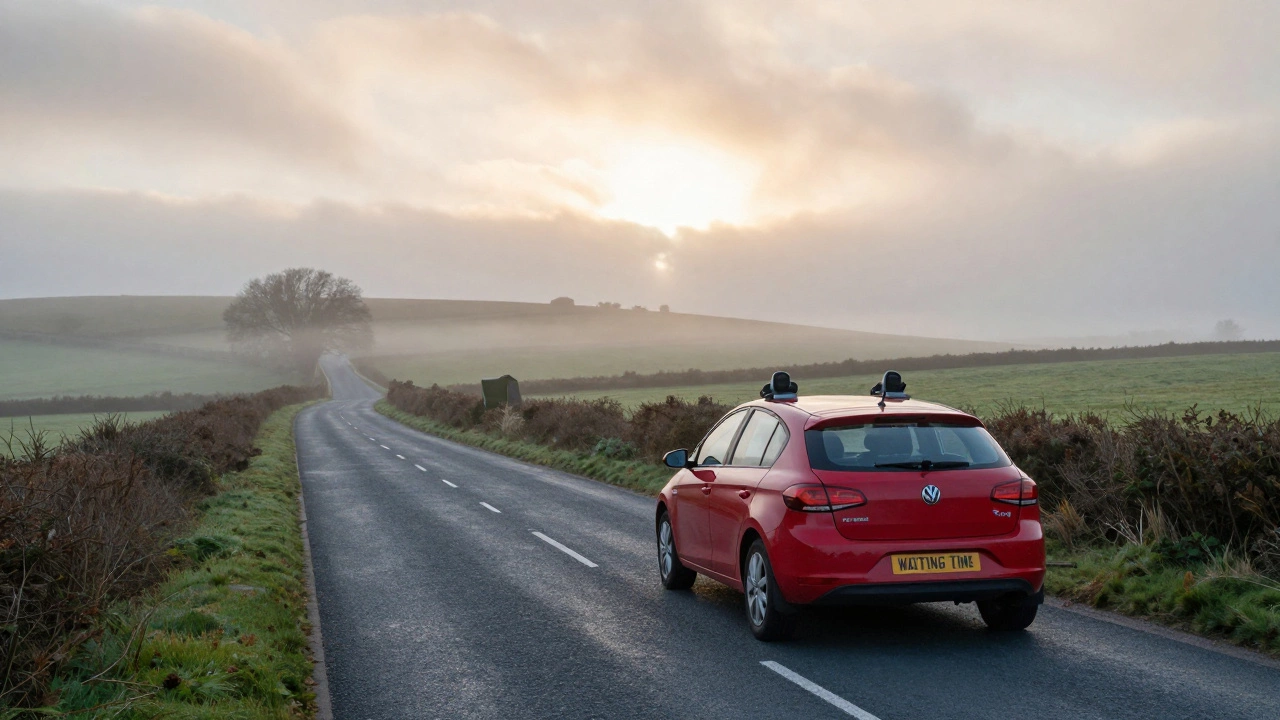 Learner driver practicing on a quiet rural road at sunrise, representing patience and preparation