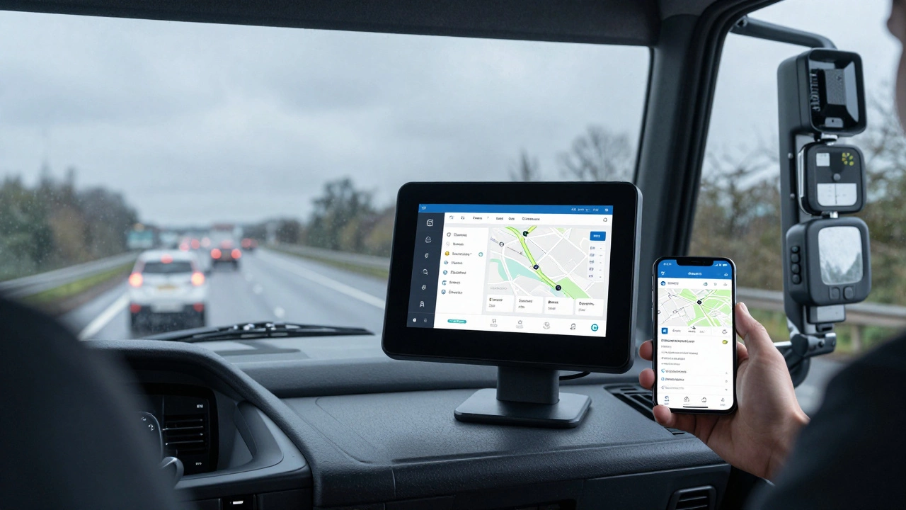 Modern HGV cabin with digital comms device and smartphone app on UK motorway