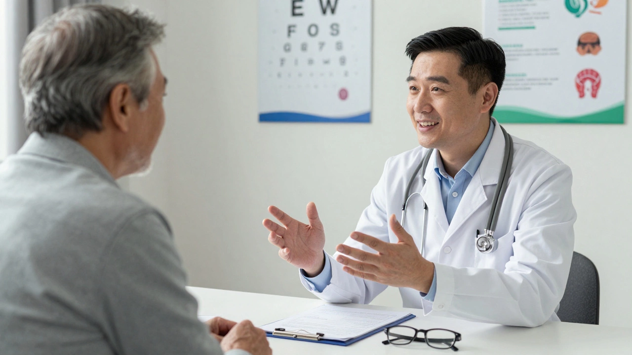 Senior man discussing driving health assessment with a doctor