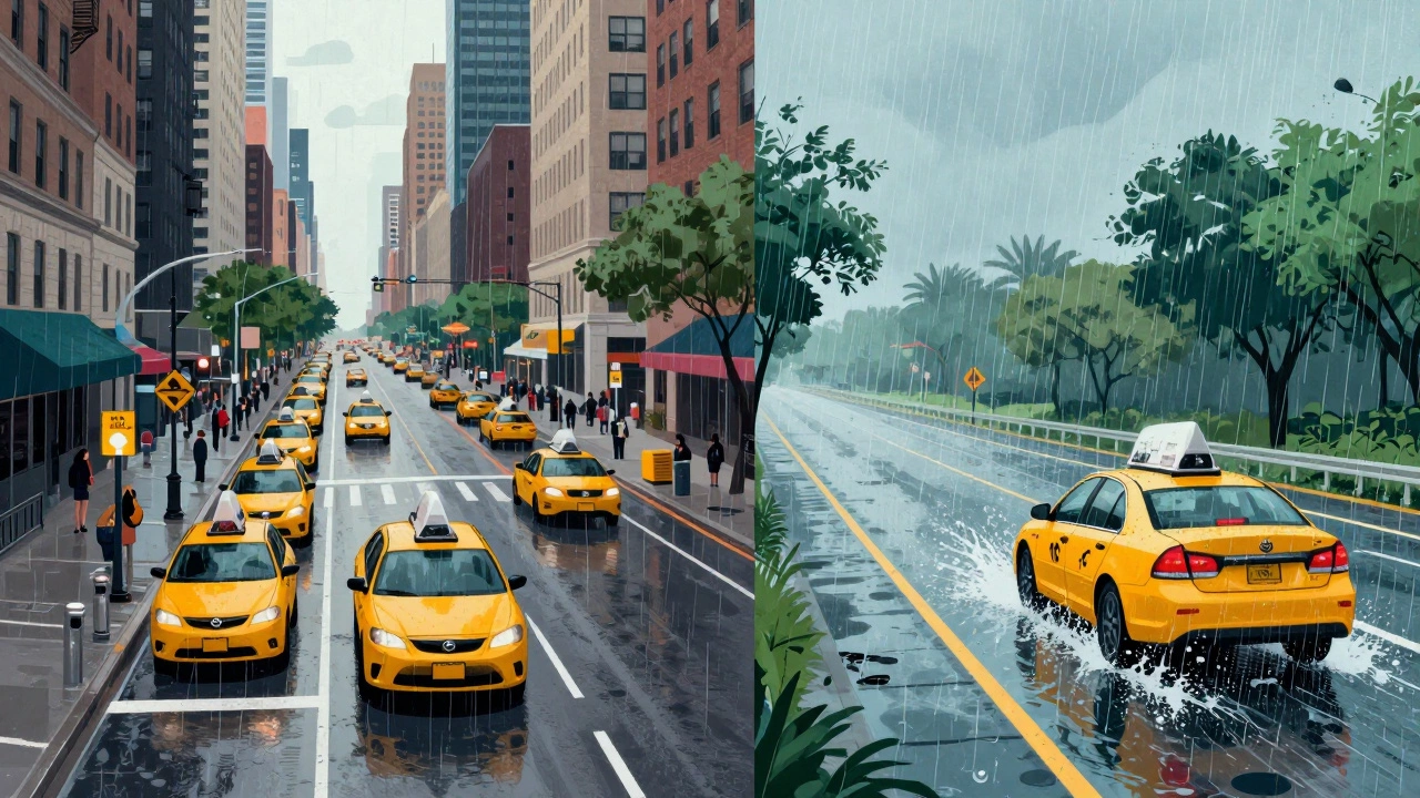 Split view comparing NYC urban driving challenges with rainy Florida highway conditions.