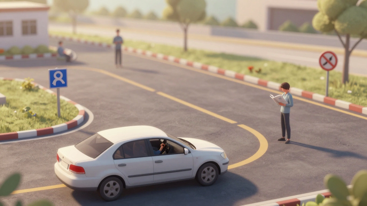 Student practicing driving maneuvers in a quiet lot under warm morning sunlight.