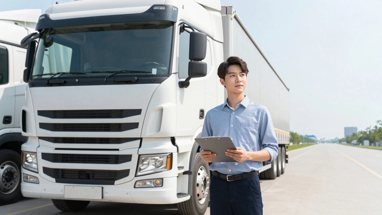 Young trainee standing by a semi-truck in a sunny training yard