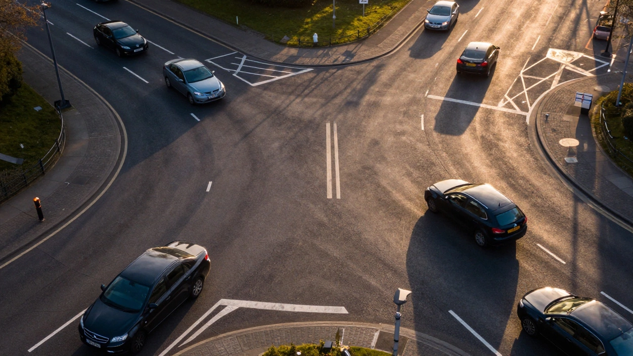 Aerial view of UK roundabout highlighting car priority at the 12 o'clock point