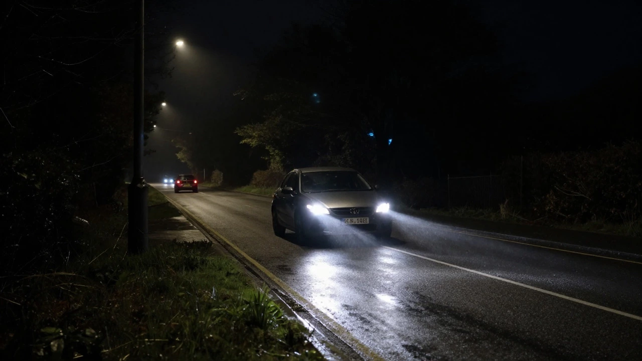 Car driving safely at night on a dark, wet rural road