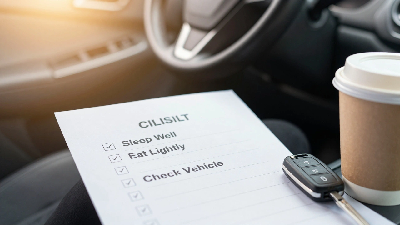Car keys and checklist on passenger seat symbolizing test preparation